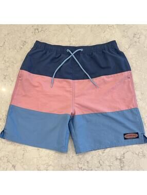Vineyard Vines Colorblock Chappy Swim Trunks Pink Blue 7" EUC Boys XL 18